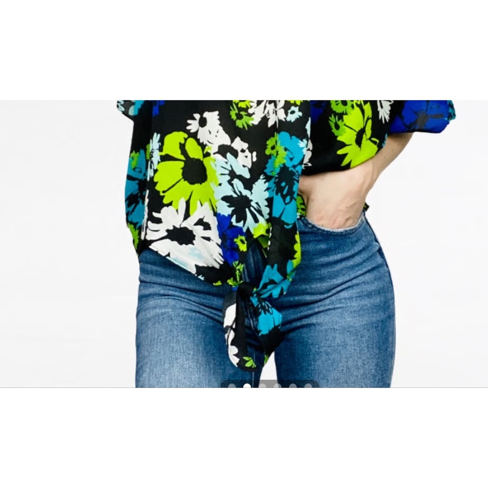 Cato | Multicolored Black White Lime Green Florals Tie-Front Chiffon Blouse